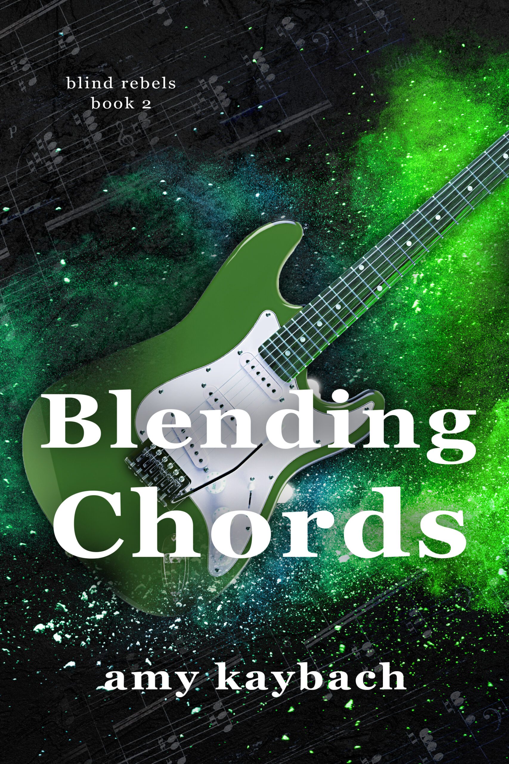 Green space background with green guitar and the words Blending Chords and amy kaybach on the front
